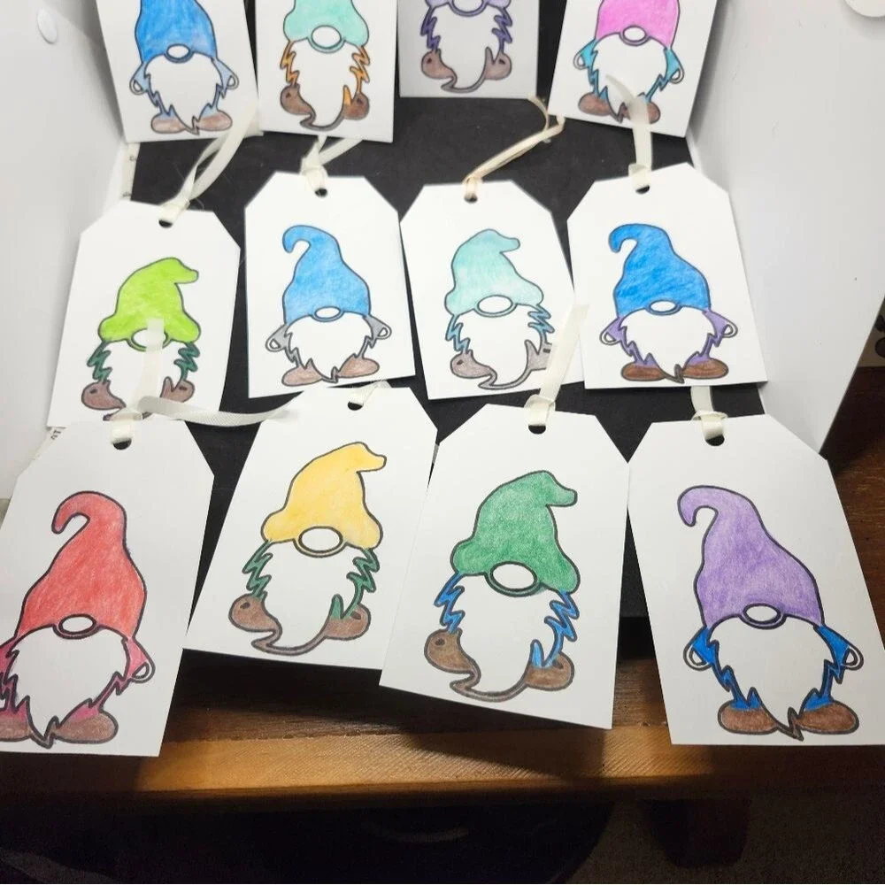 Hand Crafted Colorful Gnome Gift Tags Thank You Cards Set of 12
